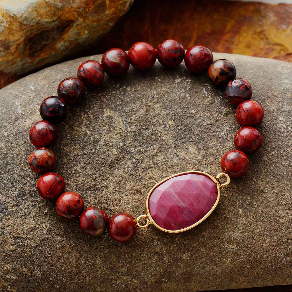 Boho Bracelet, Stretchy Bracelet, Red Rhodonite and Jasper