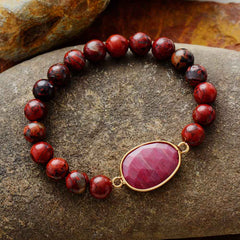 Boho Bracelet, Stretchy Bracelet, Red Rhodonite and Jasper