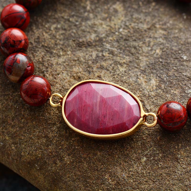Boho Bracelet, Stretchy Bracelet, Red Rhodonite and Jasper