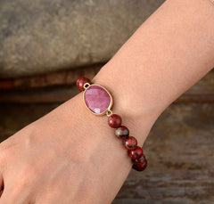 Boho Bracelet, Stretchy Bracelet, Red Rhodonite and Jasper