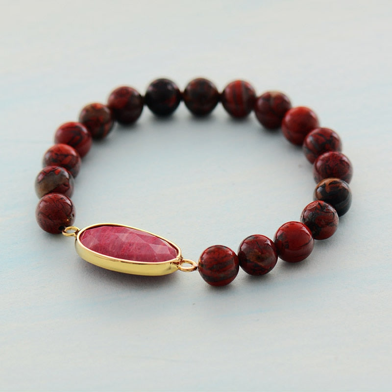 Boho Bracelet, Stretchy Bracelet, Red Rhodonite and Jasper