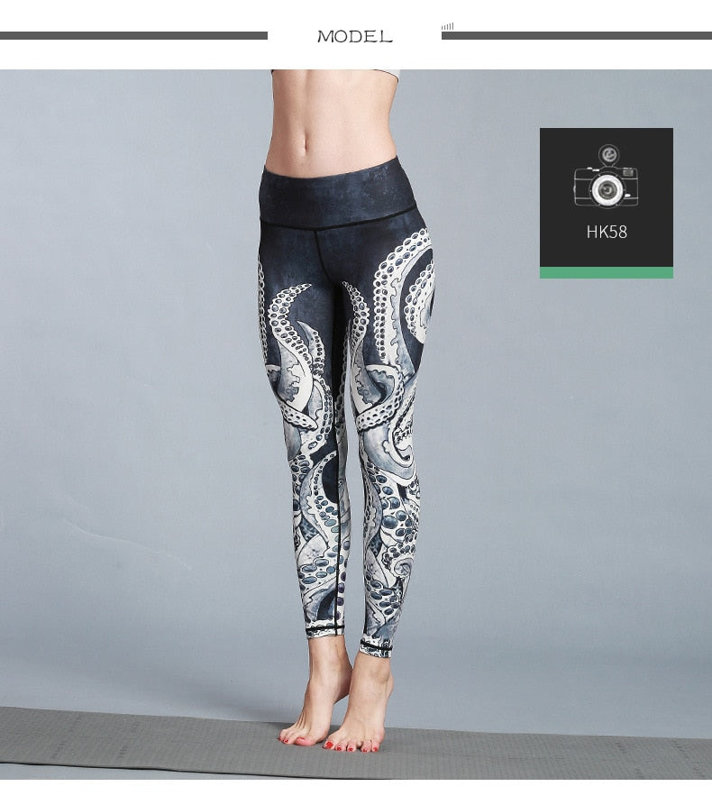 Yoga Legging, Yoga Pants, Boho Legging, Printed Tight, Black Octopus