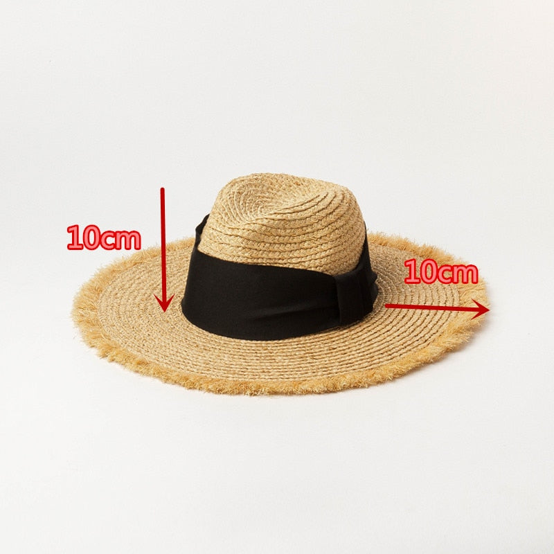 Boho Hat, Sun Beach Hat, Raffia  Brim Hat Fringed, Luciana Black and White Ribbon