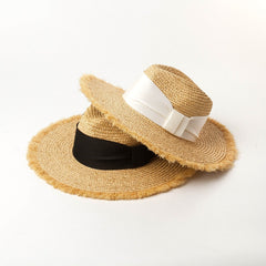 Boho Hat, Sun Beach Hat, Raffia  Brim Hat Fringed, Luciana Black and White Ribbon
