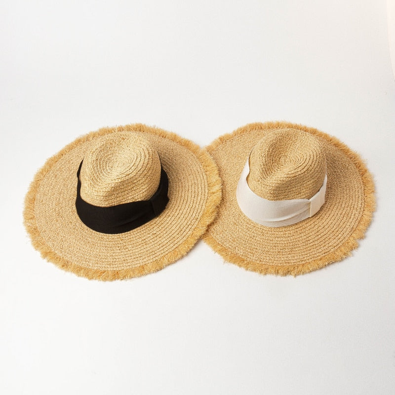 Boho Hat, Sun Beach Hat, Raffia  Brim Hat Fringed, Luciana Black and White Ribbon