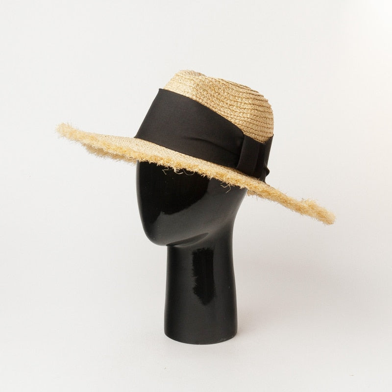 Boho Hat, Sun Beach Hat, Raffia  Brim Hat Fringed, Luciana Black and White Ribbon