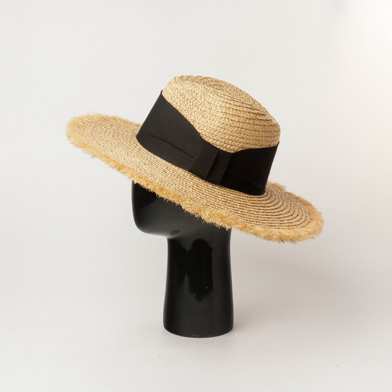 Boho Hat, Sun Beach Hat, Raffia  Brim Hat Fringed, Luciana Black and White Ribbon
