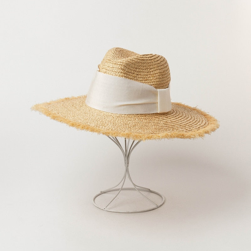 Boho Hat, Sun Beach Hat, Raffia  Brim Hat Fringed, Luciana Black and White Ribbon