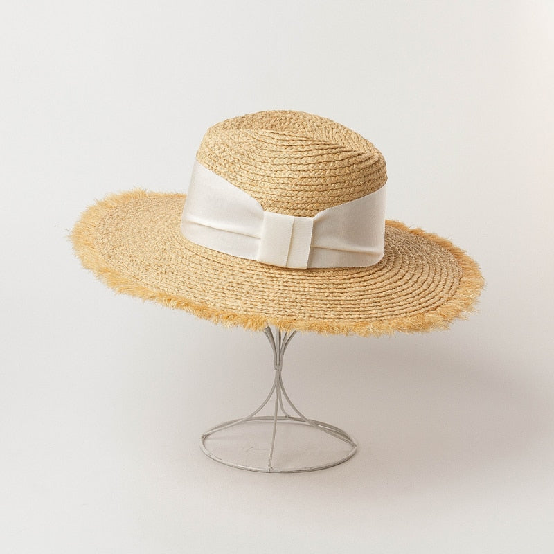 Boho Hat, Sun Beach Hat, Raffia  Brim Hat Fringed, Luciana Black and White Ribbon