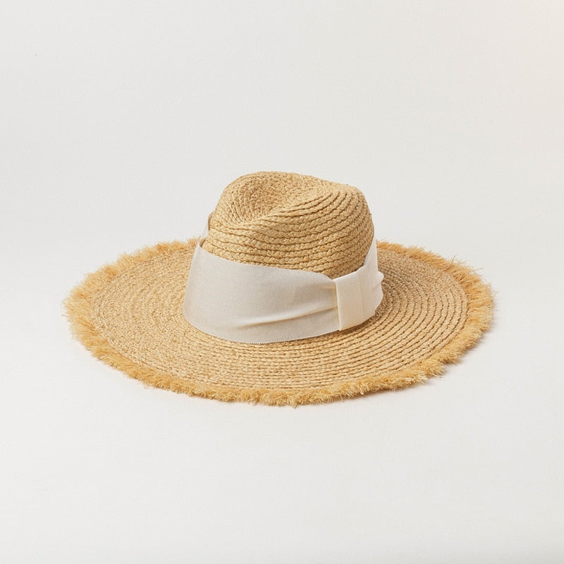 Boho Hat, Sun Beach Hat, Raffia  Brim Hat Fringed, Luciana Black and White Ribbon