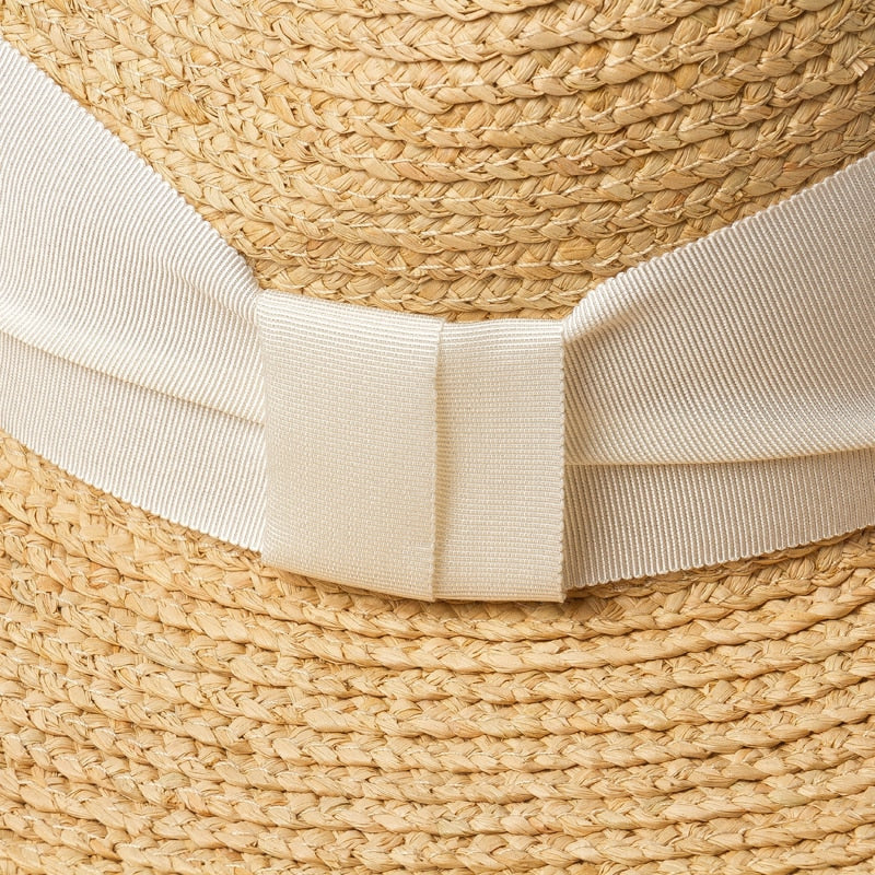 Boho Hat, Sun Beach Hat, Raffia  Brim Hat Fringed, Luciana Black and White Ribbon
