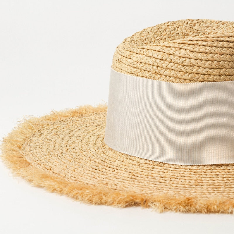 Boho Hat, Sun Beach Hat, Raffia  Brim Hat Fringed, Luciana Black and White Ribbon