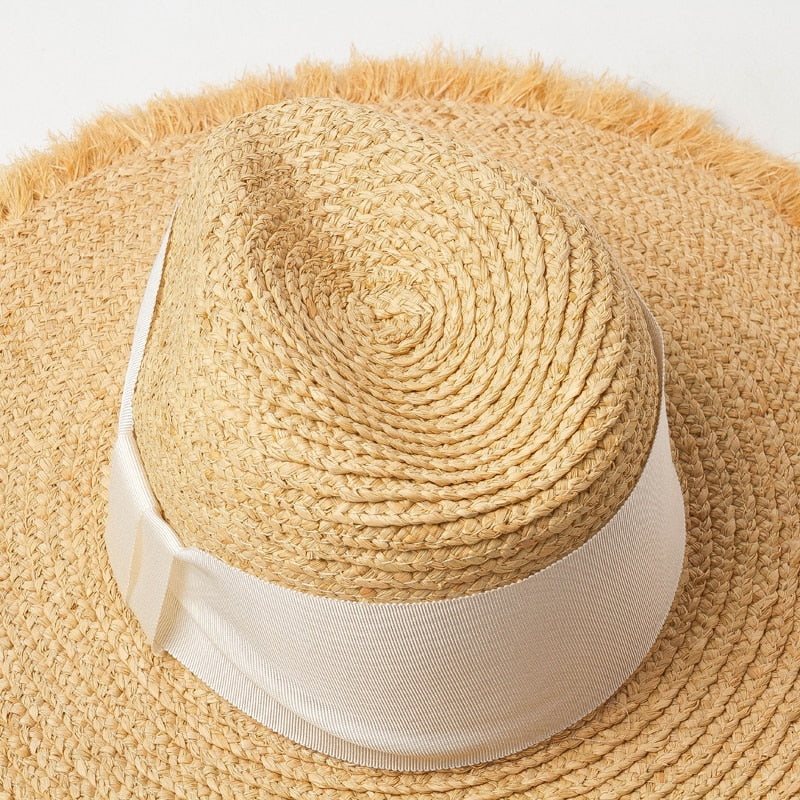 Boho Hat, Sun Beach Hat, Raffia  Brim Hat Fringed, Luciana Black and White Ribbon