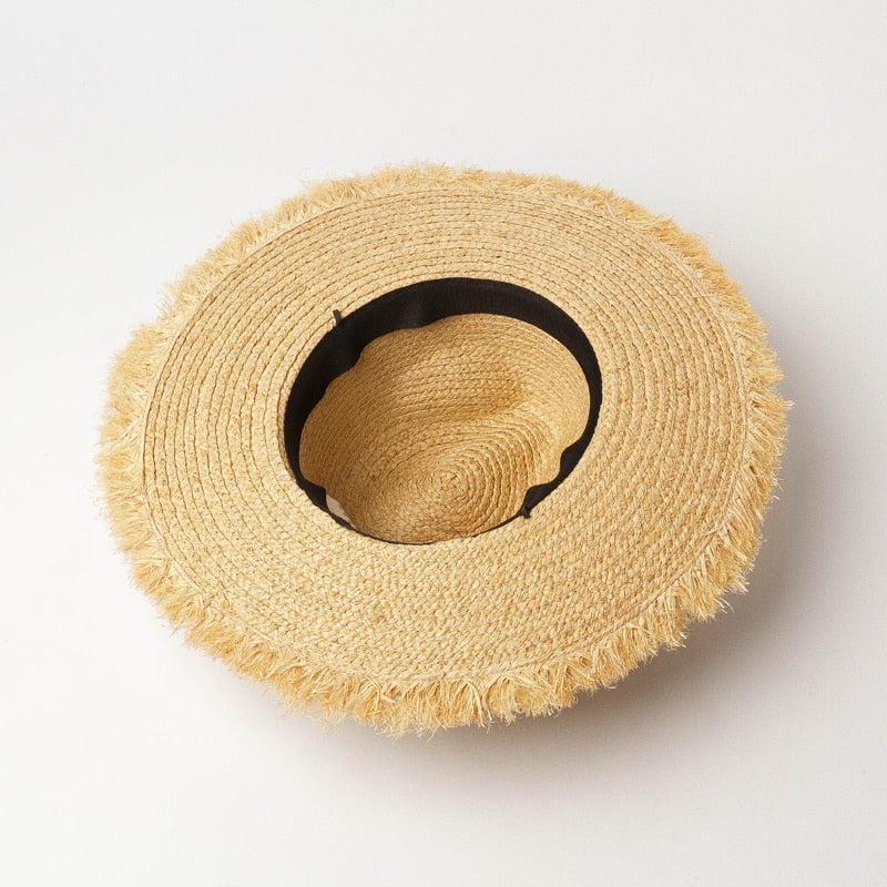 Boho Hat, Sun Beach Hat, Raffia  Brim Hat Fringed, Luciana Black and White Ribbon