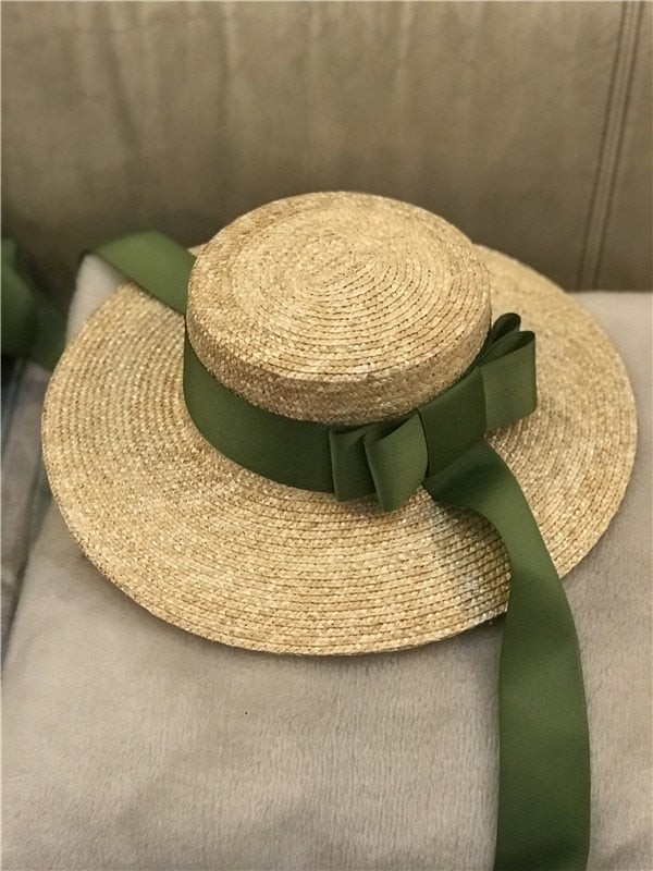 Boho Hat, Sun Hat, Beach Hat, Wide Brim Straw Hat,Green Ribbon