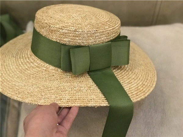 Boho Hat, Sun Hat, Beach Hat, Wide Brim Straw Hat,Green Ribbon