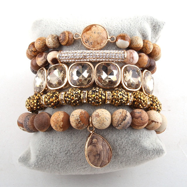 Boho Bracelet, RH Bracelet Set, Diamon Leaf, Natural Stones in Green, Rose, Purple