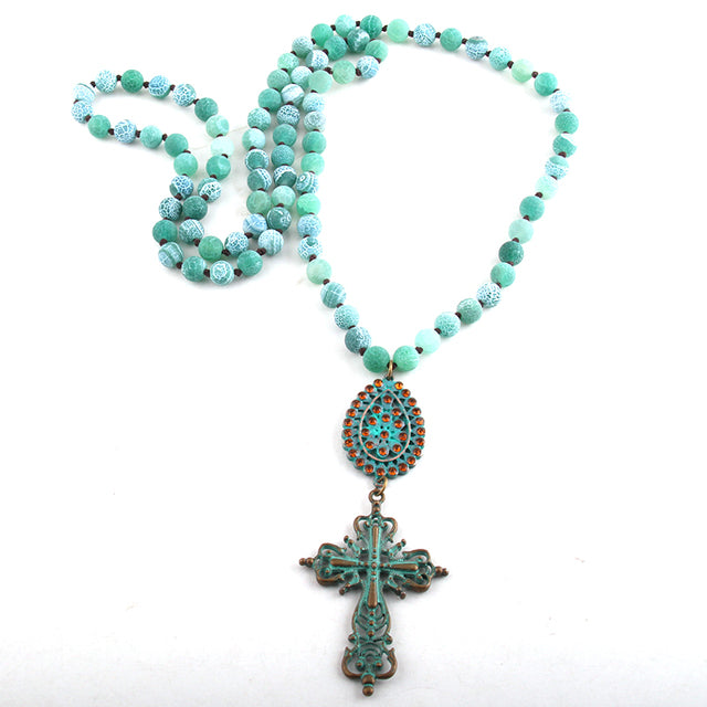 Boho Necklace, RH Precious Blue Lava Stone, Cross