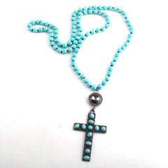 Boho Necklace, RH Precious Blue Lava Stone, Cross