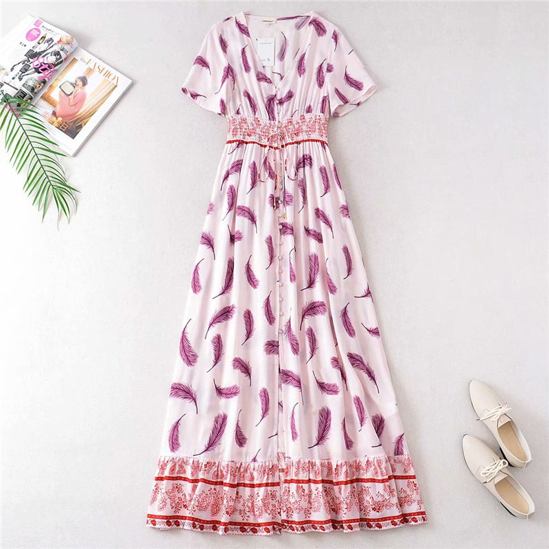 Boho Maxi Dress, Feather in Pink