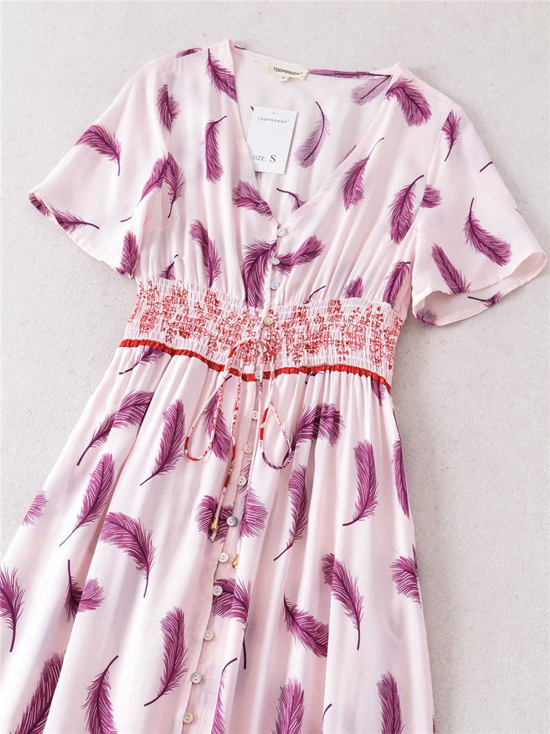Boho Maxi Dress, Feather in Pink
