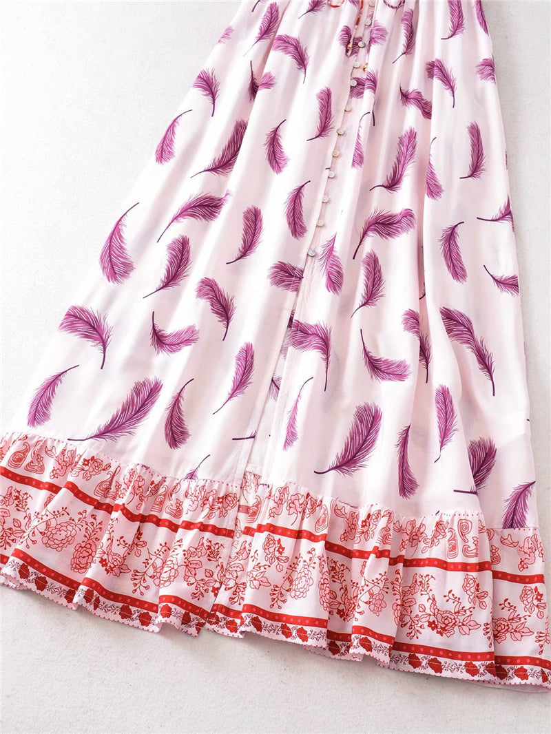 Boho Maxi Dress, Feather in Pink