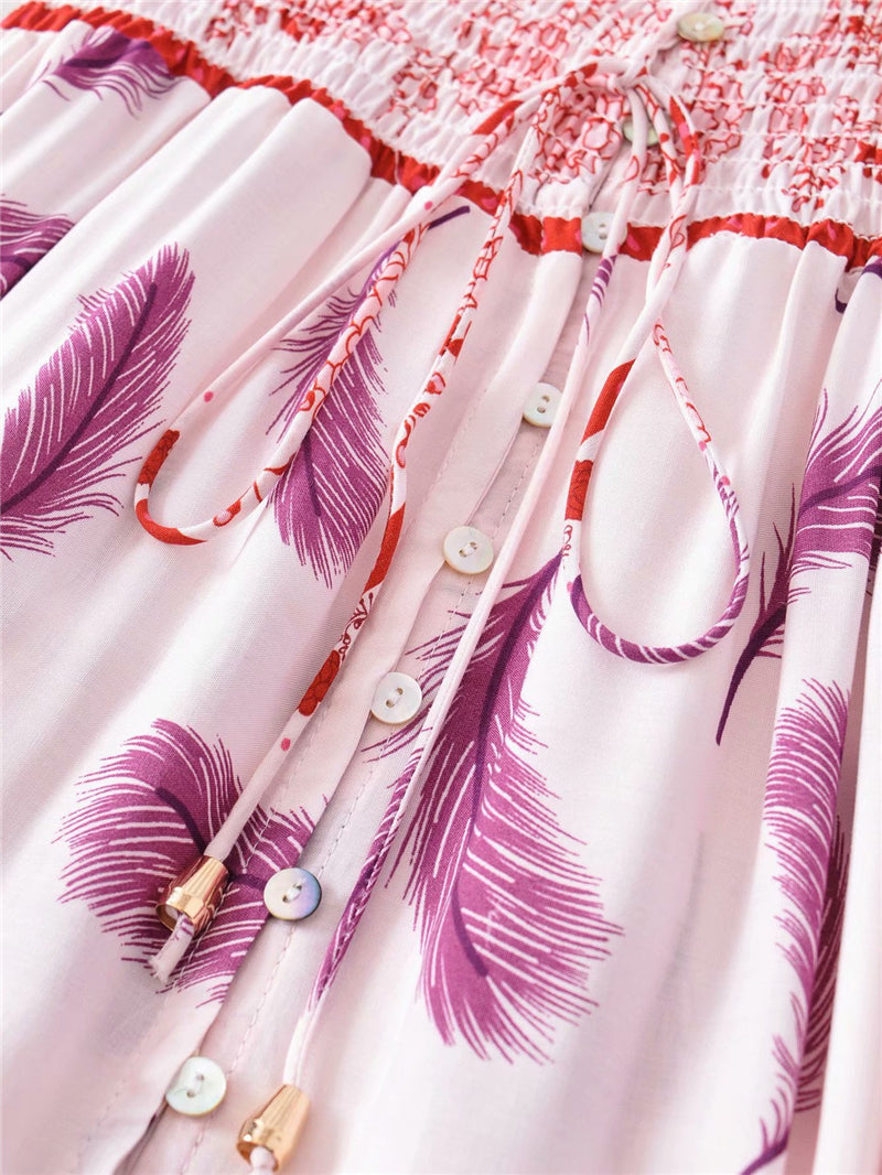 Boho Maxi Dress, Feather in Pink