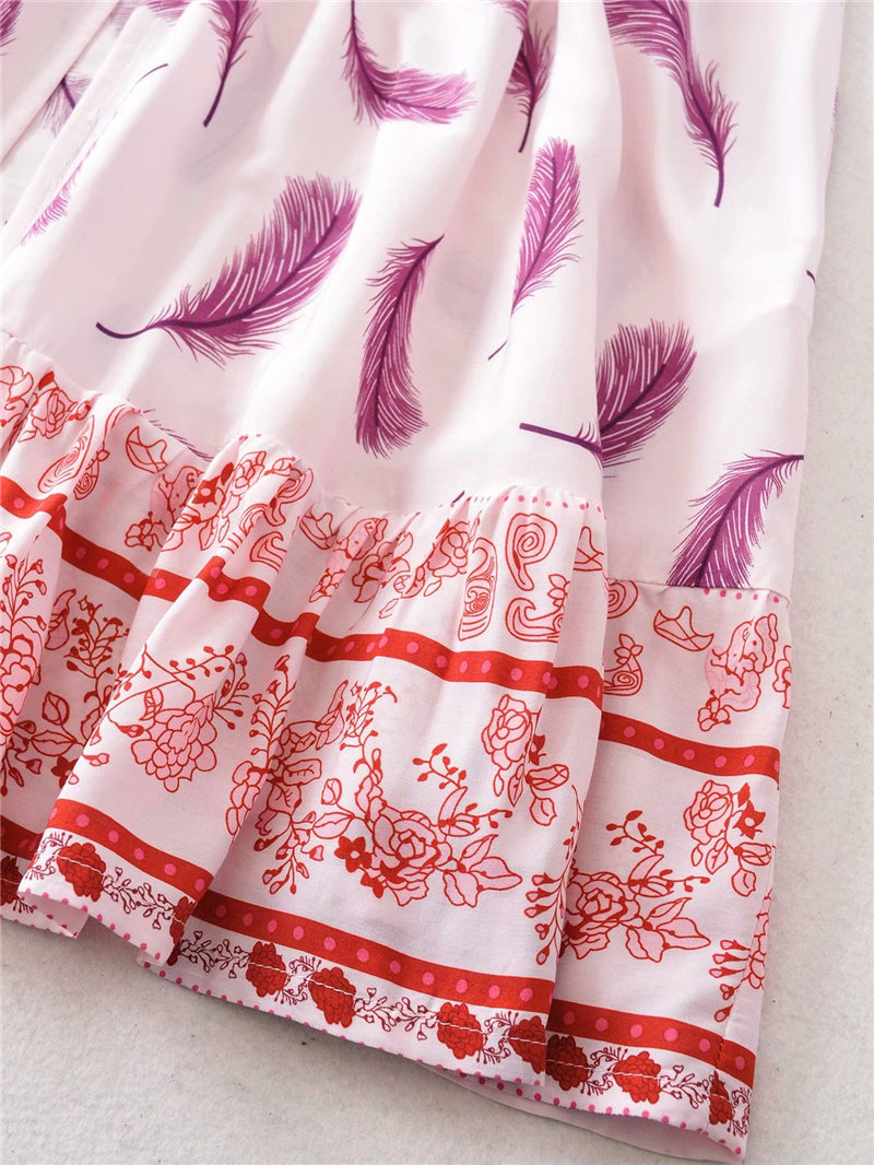 Boho Maxi Dress, Feather in Pink