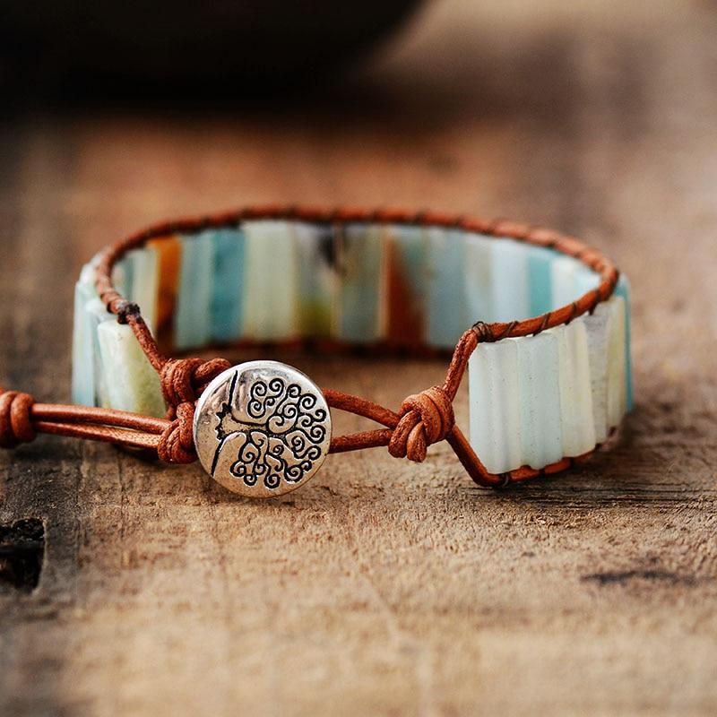 Boho Bracelet, Leather Wrap Bracelet, Blue Amazonite