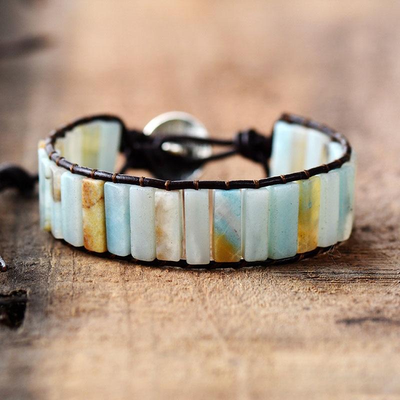 Boho Bracelet, Leather Wrap Bracelet, Blue Amazonite
