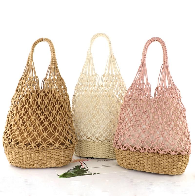 Boho Bag, Woven Mesh Rope Tote Bag Vano in Brown and Beige