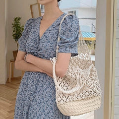 Boho Bag, Woven Mesh Rope Tote Bag Vano in Brown and Beige