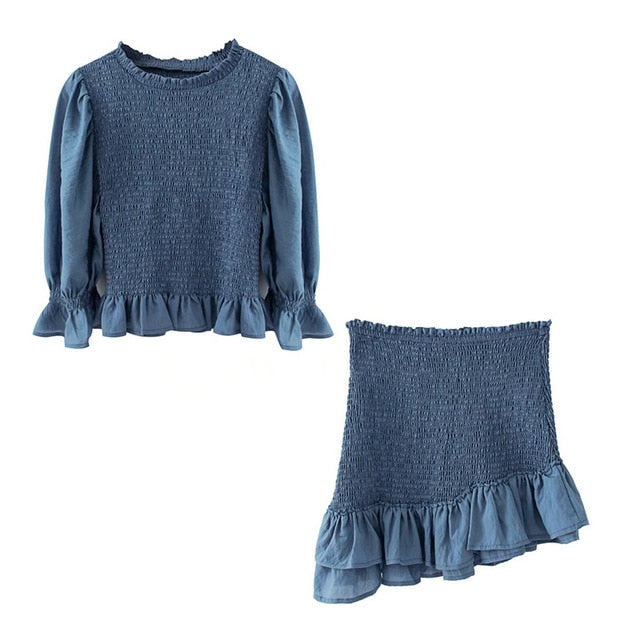 Boho Two Piece Set, Smocked Top and Mini Skirt, Blue Aegean Lorelei