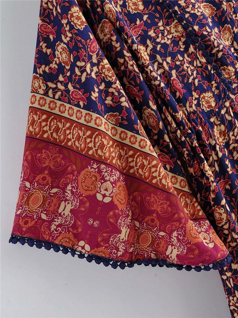 Boho Midi Dress, Sundress, Kaftan Dress, Indian Flower in Navy