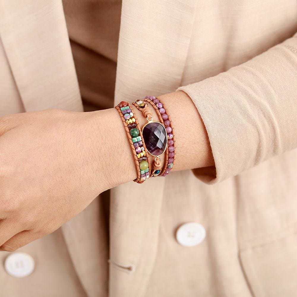 Boho Bracelet, 3 Layers Leather Wrap Bracelet, Natural Stone Purple Amethysts
