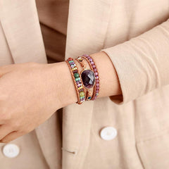 Boho Bracelet, 3 Layers Leather Wrap Bracelet, Natural Stone Purple Amethysts