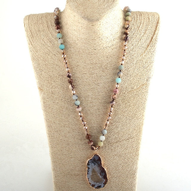 Boho Necklace, RH Amazonite Crystal Druzy Brown Natural Stone
