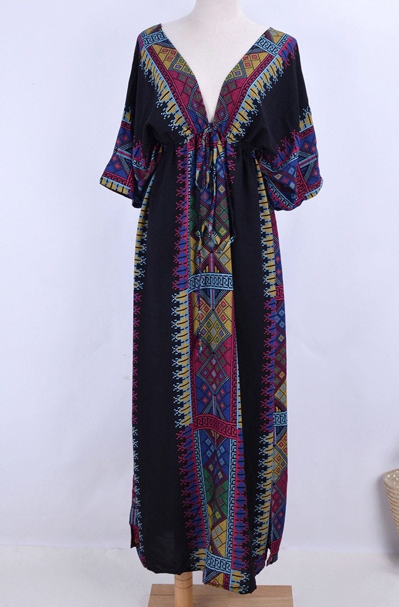 Maxi Boho  Dress, Beach Dress, Kaftan, Black Tribal Soul