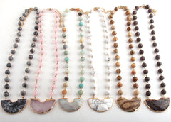 Boho Necklace, RH Rose Quart Amazonite, Half Moon Pink Natural Stone