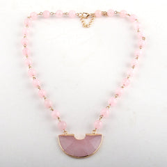 Boho Necklace, RH Rose Quart Amazonite, Half Moon Pink Natural Stone