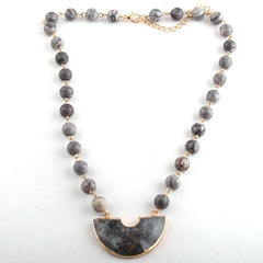 Boho Necklace, RH Rose Quart Amazonite, Half Moon Pink Natural Stone