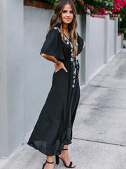Boho Midi Dress, Beach Dress, Embroidered Dress, Holly in Black