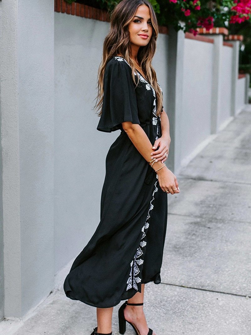 Boho Midi Dress, Beach Dress, Embroidered Dress, Holly in Black