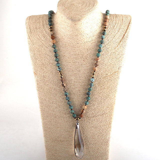 Boho Necklace, RH Antique Drop Crystal Lava Stone