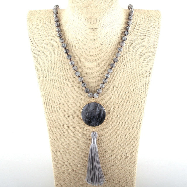Boho Necklace, RH Amazonite Jasper, Circle Tassel Green White Natural Stone