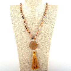 Boho Necklace, RH Amazonite Jasper, Circle Tassel Green White Natural Stone