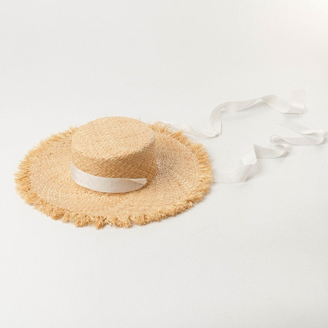 Boho Hat, Kid Hat, Sun Hat, Wide Brim Straw Hat, Little Girl Hat, Mia White Ribbon