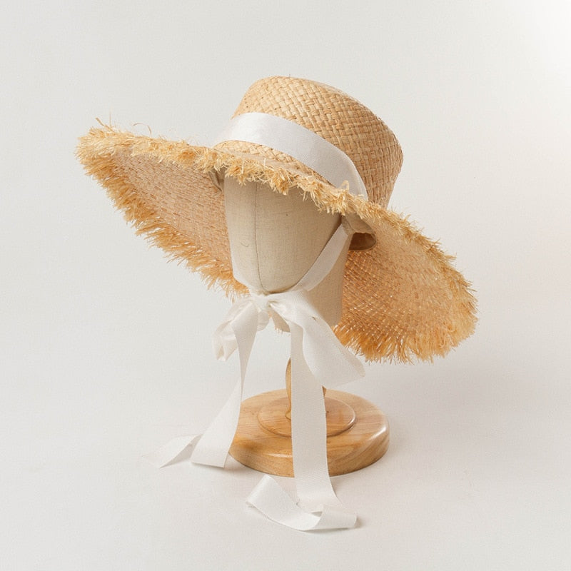 Boho Hat, Kid Hat, Sun Hat, Wide Brim Straw Hat, Little Girl Hat, Mia White Ribbon