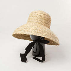 Boho Hat, Beach Hat, Rafia Hat, Vintage Bucket Hat, Beige and Black Ribbon