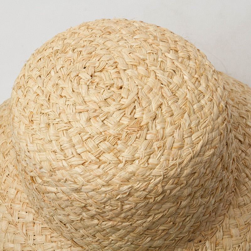 Boho Hat, Beach Hat, Rafia Hat, Vintage Bucket Hat, Beige and Black Ribbon